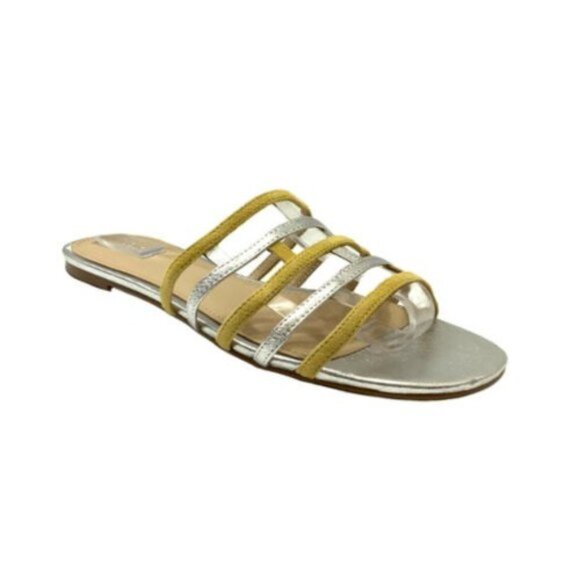 BOTKIER New York  Bridger Yellow Suede & Silver Metallic Leather Slides Size 5 - Picture 1 of 4
